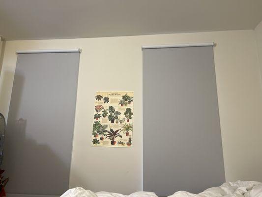 Motorized Bedroom window shades, love the contrast between the grey & beige walls