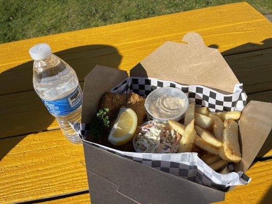 Incredible lingcod fish and chips.  Breaded perfectly (Not heavy or greasy), 5 or so pieces with awesome coleslaw and crispy fries!