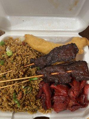 Beef Teriyaki, Chicken Fingers and Boneless Spare Ribs with Pork Fried Rice.