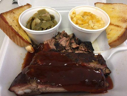 Two Meat Lunch with Burnt Ends, Ribs and Green Beans (LOVE) and Mac n Cheese!