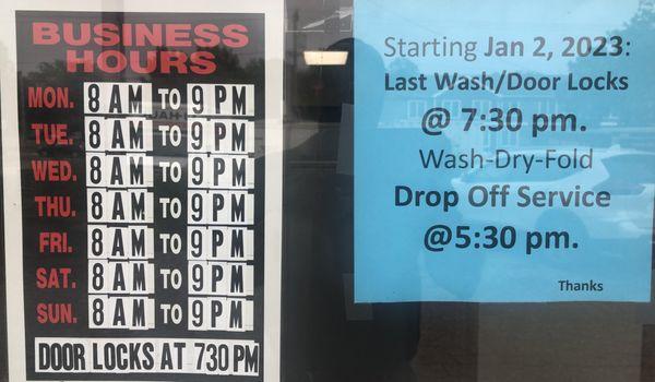 Business Hours: LAST WASH and facility DOOR LOCKS at 7.30 PM.
 DROP OFF Service CLOSES at 5.30 PM!