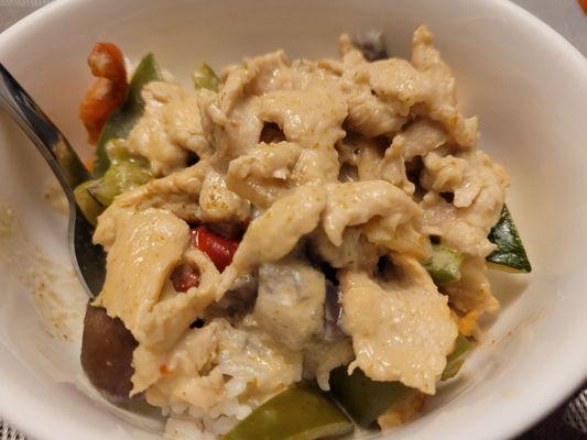 Takeout green curry with chicken and white rice