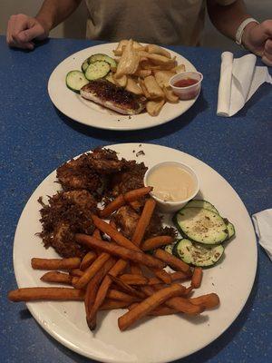 Coconut Shrimp with zucchini and sweet potato fries! Farther plate is mahi, zucchini, and "cheers" fries! SO DELICIOUS!!