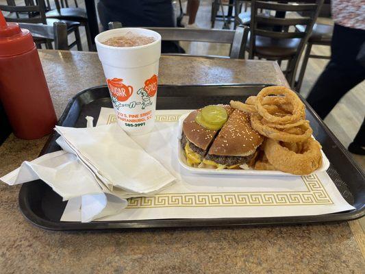 Jumbo Cheeseburger onion rings and fries