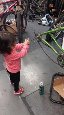 The newest apprentice to Vic's Bikes, gotta start them young.