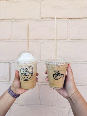 Iced "the wonderful" (white chocolate & peanut butter) (left); Horchata cold brew with cinnamon cold foam (right)