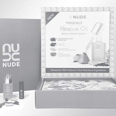 Knack created and produced an eye-catching launch box for NUDE Skincare's new line of Pro Genius Omega Oil.