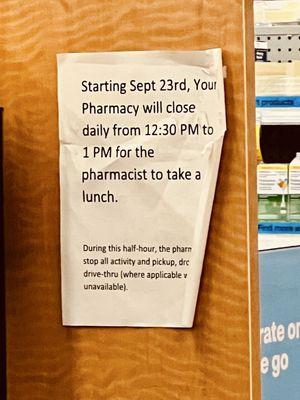 12:30pm-1pm Pharmacy closed