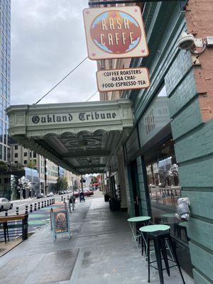 Signage, seating in front.