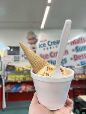 Salted caramel ice cream in a cup with a sugar cone topper - my fav way to enjoy!