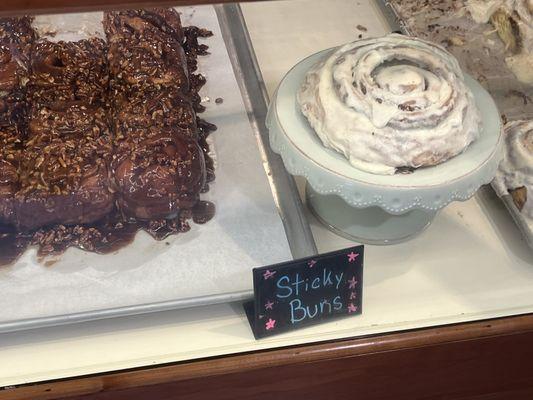 Sticky Buns the size of a bread plate. Fresh, soft, cinnamonie sweet. Killer with an expertly made Cappuccino.