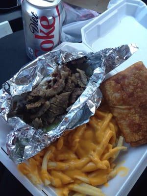 Gyros combo with cheese fries, a pizza puff, and a diet coke to wash it all down :))