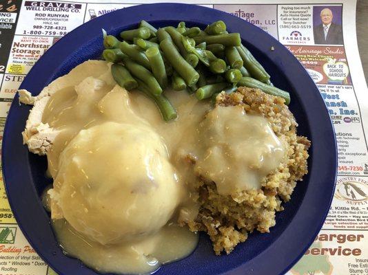 Blue Plate Special- turkey breast, mashed potatoes. Green beans and stuffing.