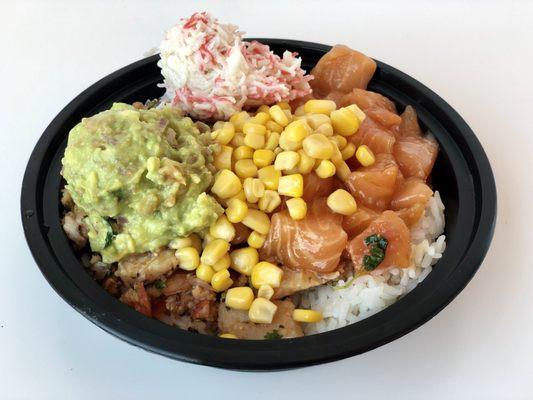 PokeCeviche Bowl with salmon, fish ceviche, corn, guacamole, and crab salad over white rice