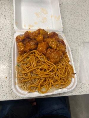 Veggie Chow Mein, fried rice and Orange Chicken