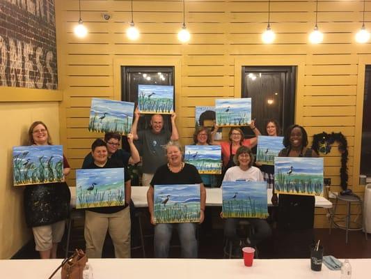 Our Heron in the water paintings.  Not bad for a bunch of amateurs!  Great Birthday party!