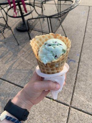 Homemade Mint Choc-Chip in a waffle cone