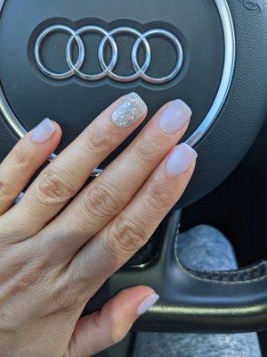 Dip powder nails matte lavender and sliver glitter accent nail by Annie