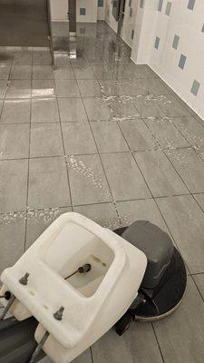 Restroom tile floor cleaning