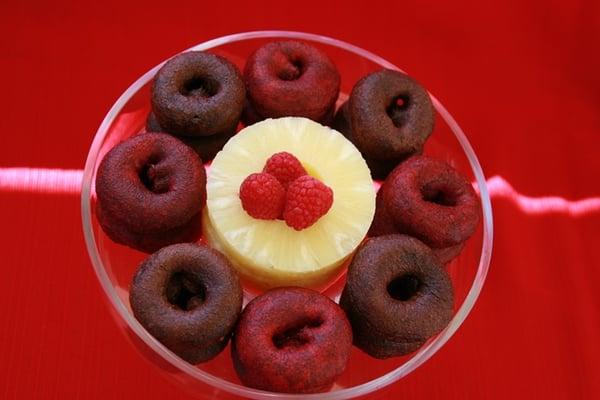 Chocolate and Red-Velvet flavored mini cake donuts...with  sweet delicious pineapples and raspberries in the middle...taste just