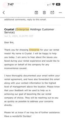 Email from Crystal at Enterprise in response to Google review.