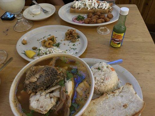 Caldo de Mariscos (Seafood Soup), Toast, Rice Devoured Fried Calamari and Fried Jalapeños Shrimp Flautas with Fried Corn Nuggets