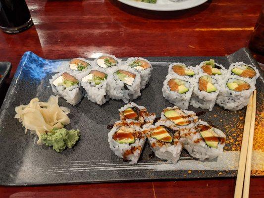 The maki in my luncheon special - Philadelphia Roll, Salmon Avocado, and Eel Avocado