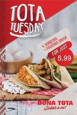 totatuesday $5.99 gets you 4 gorditas of your choice and a drink.. great deal for great flavor!!!! #neverfried