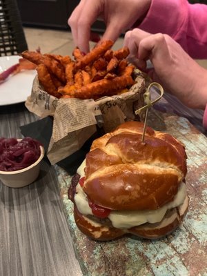 Bacon cheeseburger with pretzel bun