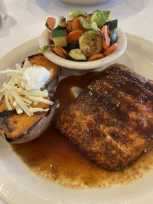 Salmon, Baked Sweet Potato, Mixed Vegetables