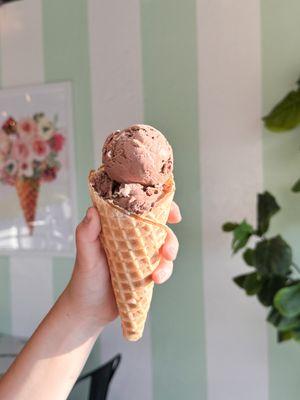 Handcrafted Rocky Road Ice Cream made in house with a fresh baked waffle cone.