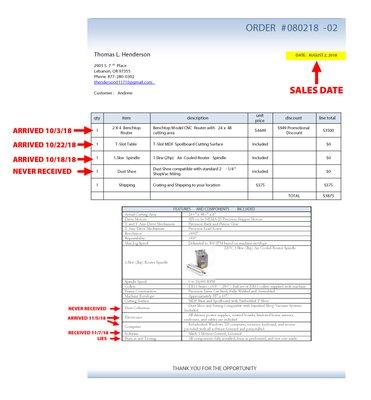 My order, supplied by Thomas, and a timeline of when parts arrived for my "full assembled, ready to cut CNC machine."