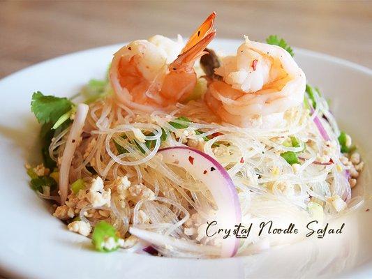 CRYSTAL NOODLE SALAD - Low carb mung beans thread noodles | ground chicken | shrimp | chili paste in our lime juice dressing.