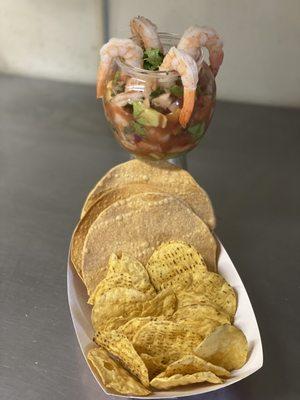 small shrimp cocktail, with chips and tostadas