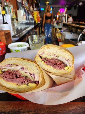 Delicious pastrami sandwich.