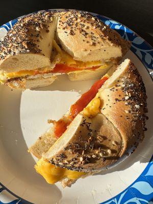 Everything bagel with egg and cheese