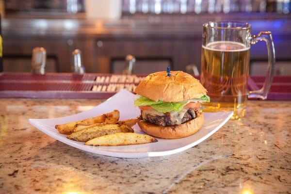 Java Bourbon Burger- handcrafted dry coffee rub ground beef with Java bourbon sauce, mushrooms Swiss cheese and coleslaw on brioche