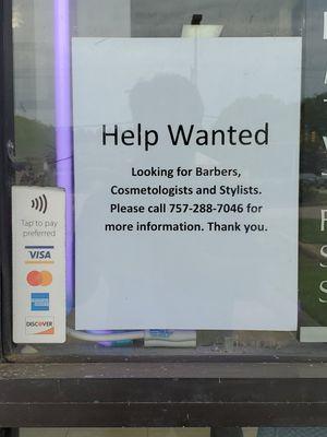 Help wanted. Looking for barbers, cosmetologist and stylist.