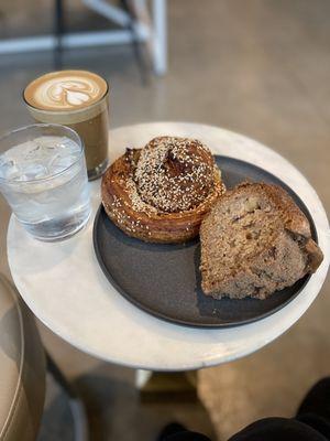 Apple cake, Everything savory roll, oat milk mocha