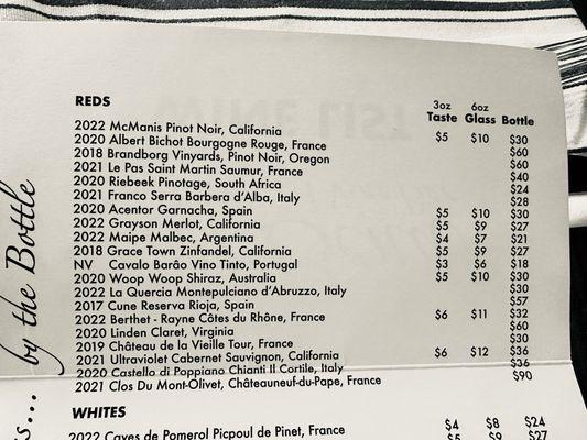 Red wine menu