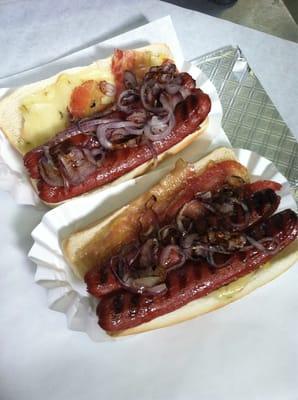 Bacon pepper jack hot dog with grilled onions and Dijon. A Wednesday MUST!