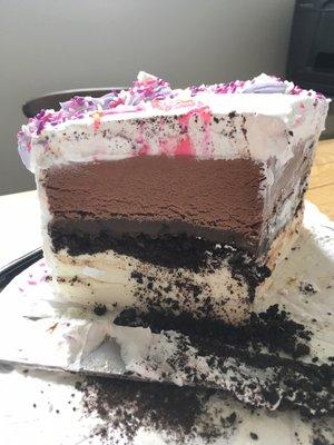 Delicious three layer ice cream cake! Chocolate, vanilla with crunchy cookie crumb center and a layer of gooey chocolate fudge...