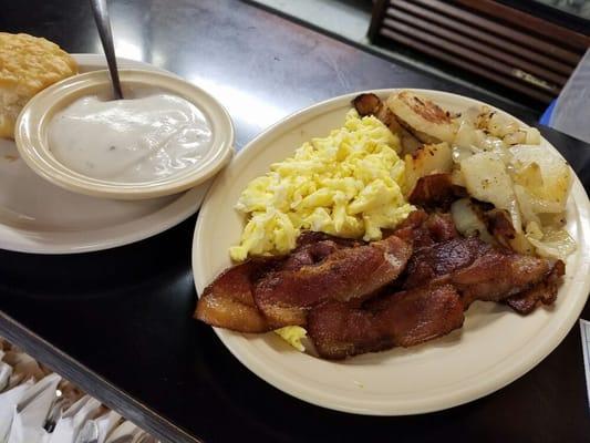 #2 special 2 eggs
your choice of bacon, ham, or sausage. 
fried taters w/ or w/out onions
toast or biscuit and gravy. 
all for $5.25