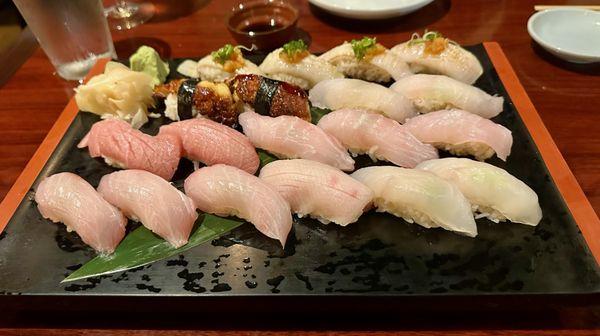 fabulous sushi specials on the blackboard.  Here includes, flounder fin-side, fatty tuna, striped jack , parrot fish   Large scale blackfish