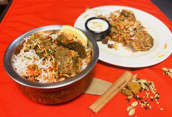 Lamb Biryani, a beloved dish at B-Hat's Curry House, combines succulent meat and fragrant rice.