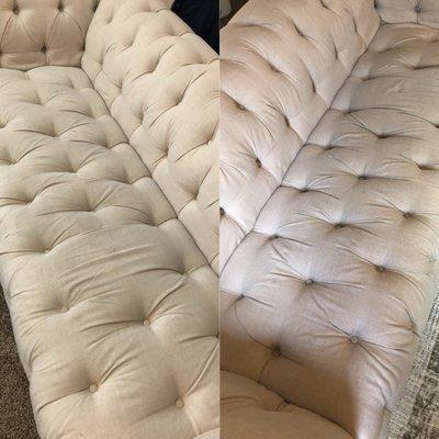 Left before cleaning, stains & fabric yellowish cream. Right 24 hours after cleaning stains gone and color back to original ivory beige :)