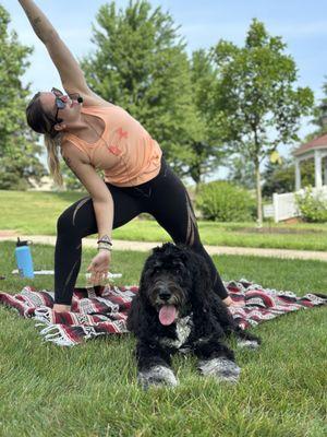 Another outdoor free community class where a sweet pup preferred to hang out beside the teacher.