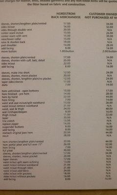 Alteration Price List. Same Prices For Both Nordstrom & Nordstrom Rack