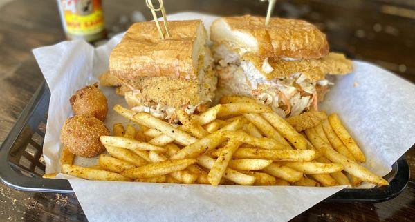 Catfish Po-boy sub coleslaw for the lettuce and tomato to make it a Troy-Boy. Absolutely delicious!