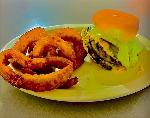 Double cheese burger with onion rings